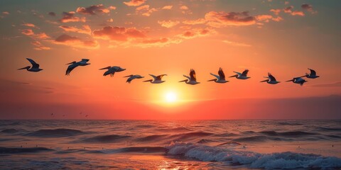 Flock of pelicans flying at dawn over the sea