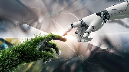 AI, Machine learning, Hands of robot and human touching on big data network connection, Data exchange, deep learning, Science and artificial intelligence technology, innovation of futuristic