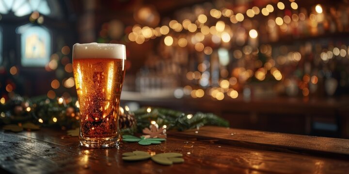 Pint of beer on bar with festive clovers and lights
