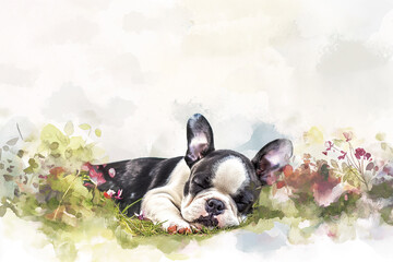Boston Terrier Puppy Relaxing in a Peaceful Garden Setting