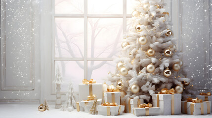Magic luminous tree with New Year's gifts and toys, a fireplace, gifts, 