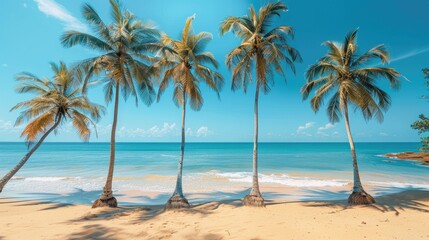 Fototapeta premium Panoramic beach scene with coconut palms and turquoise waters under a clear blue sky, perfect for vacation and relaxation themes.