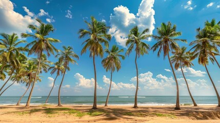 Fototapeta premium Panoramic beach scene with coconut palms and turquoise waters under a clear blue sky, perfect for vacation and relaxation themes.