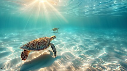 a sea turtle swimming near the surface of a clear, sunlit ocean - Powered by Adobe