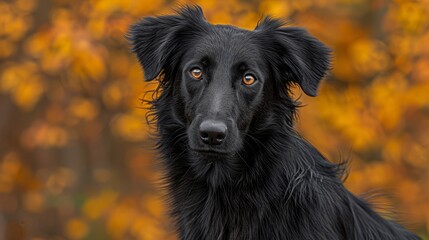  A tight shot of a black dog gazing seriously at the camera against a backdrop of yellow and orange autumn foliage