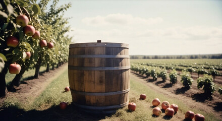 Obraz premium Apple barrel in the farm and harvest season with sunshine and vanilla sky