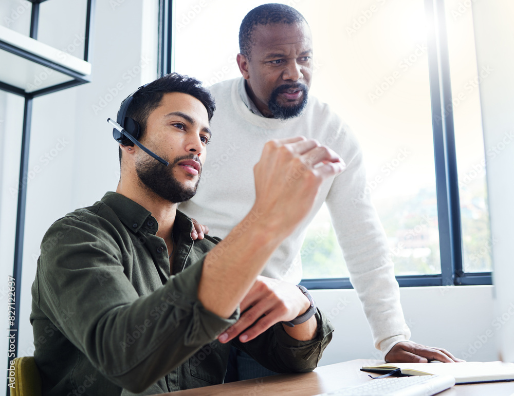 Poster advice, opinion and man in call center with manager, computer and headset for lead generation in off