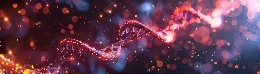 3D rendering of glowing neon pink and red DNA strands on a dark background with bokeh lights Concept for biCRYPTO