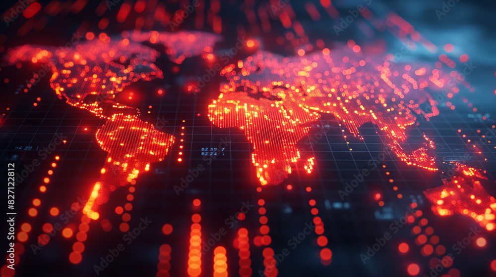 Poster a world map with a dynamic heatmap depicting the rise and fall of specific economic sectors across d