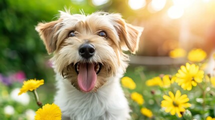  A close-up of a dog in a field of flowers with its mouth open and tongue hanging out