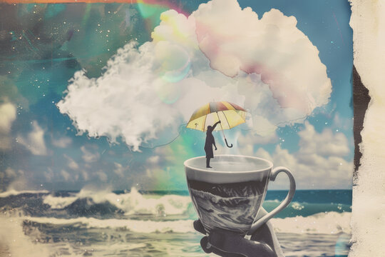 Surreal Beach Scene with Floating Teacup, Person with Umbrella Standing on Cup, and Cloudy Sky - Powered by Adobe