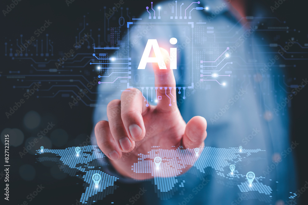Poster businessman uses a virtual ai chatbot to enhance business communication, integrating smart tech for 