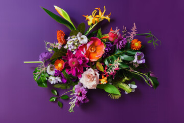Obraz premium Vibrant Floral Arrangement on Purple Background Featuring Various Colorful Blooms and Greenery