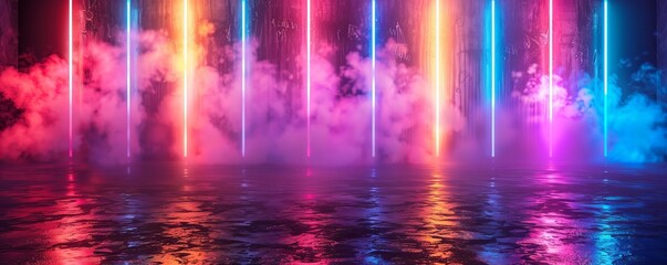 Abstract background with neon lights of various colors on stage
