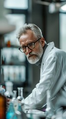 Senior caucasian male scientific in working in lab.