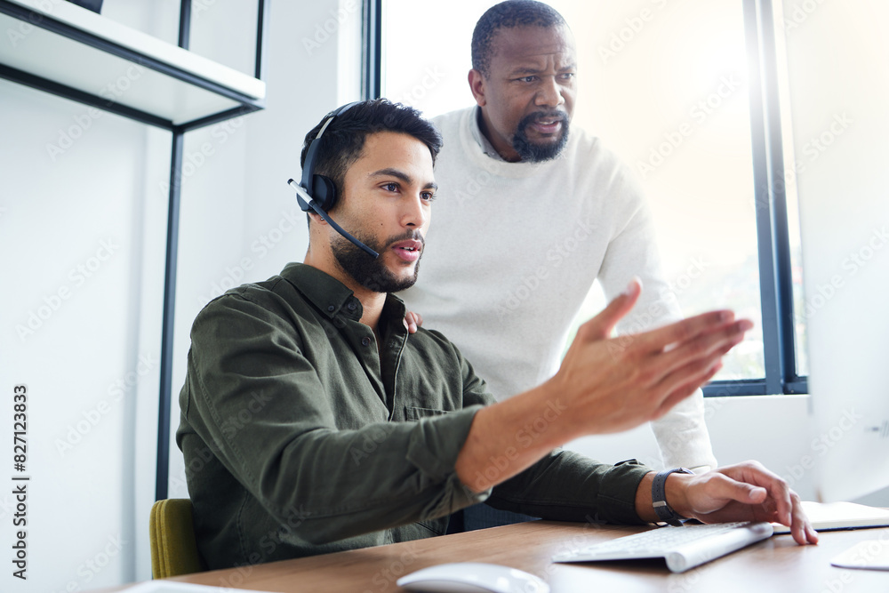 Poster advice, help and man in call center with manager, computer and headset for lead generation in office