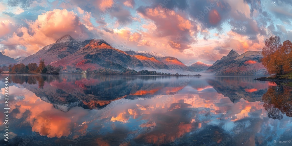 Wall mural Sunset and a cloud covered mountain panorama are reflected in the still lake