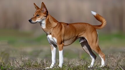  A brown-and-white dog stands atop a lush, green grass field Behind it, tall brown and green grass waves with small trees in the background