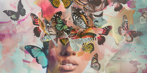 Dreamy Surreal Portrait with Vibrant Butterflies and Abstract Patterns