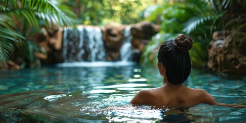 Fototapeta premium Young woman in a natural pool surrounded by lush greenery, tranquility of natural beauty