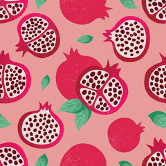 Vector pomegranate seamless pattern on pink background with green leaves