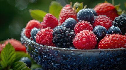 A bowl of fresh berries with dewdrops on a lush green foliage background 