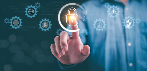 Businessman engaging in cybersecurity measures to protect personal data. Highlights the importance of secure digital practices in a networked environment.