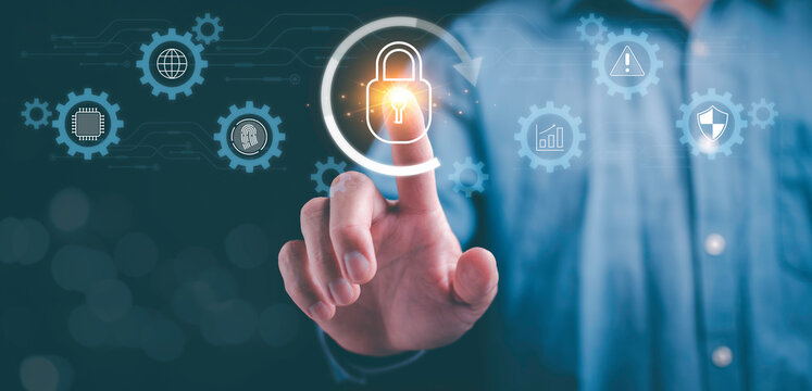 Businessman engaging in cybersecurity measures to protect personal data. Highlights the importance of secure digital practices in a networked environment.