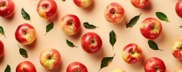 Creative pattern made of apple on beige background. Flat lay.