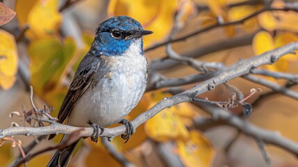  A small blue-and-white bird sits on a branch, surrounded by yellow tree leaves in the background In the foreground, a brown tree branch bears yellow leaves - Powered by Adobe