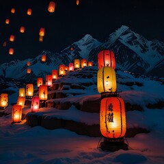 Lantern festival decorations on a trail over a mountain

