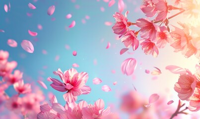 Horizontal banner with sakura flowers of pink color on sunny backdrop. Beautiful nature spring background with a branch of blooming sakura. Sakura blossoming season in Japan