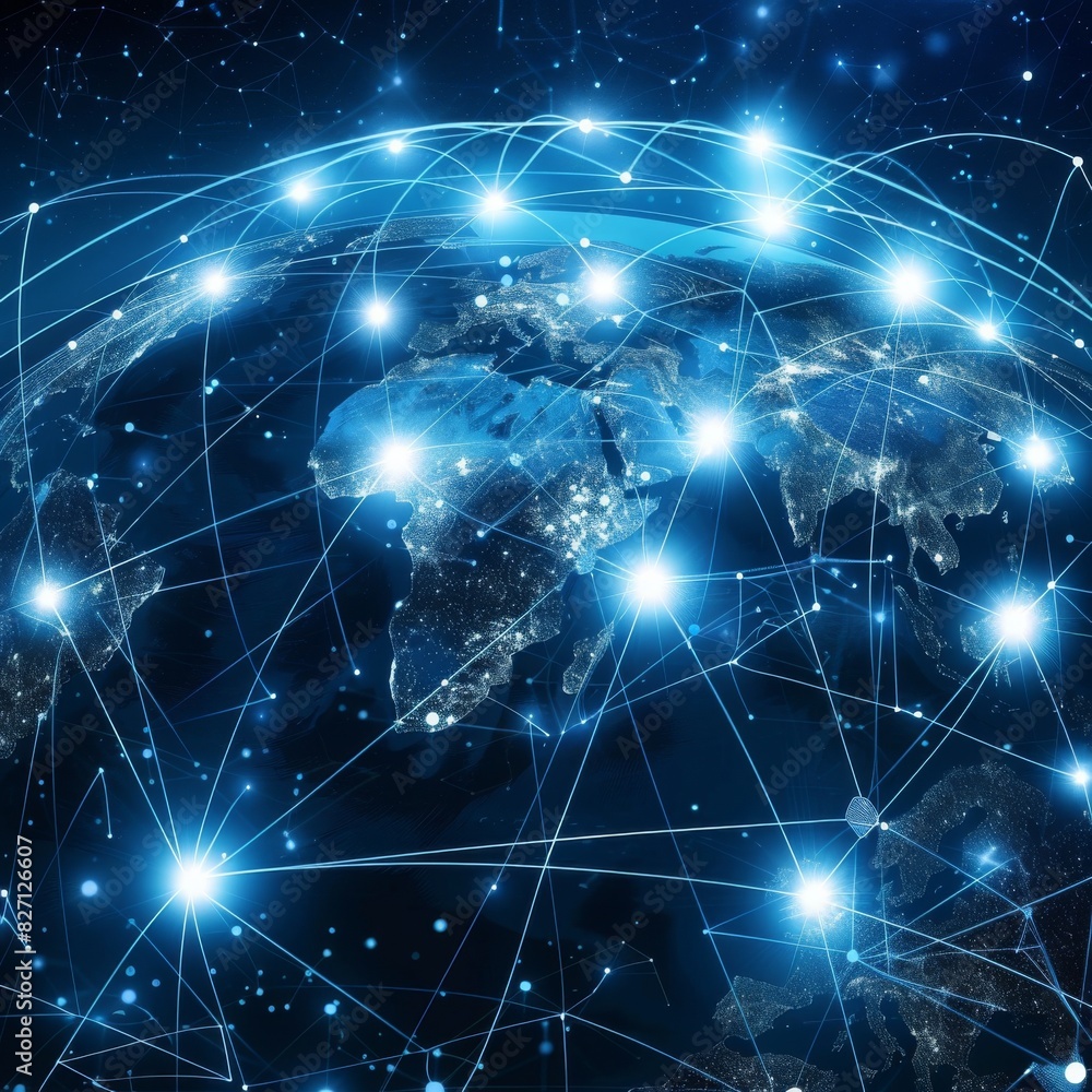 Poster a digital illustration of a global network with interconnected nodes, symbolizing the power of inter