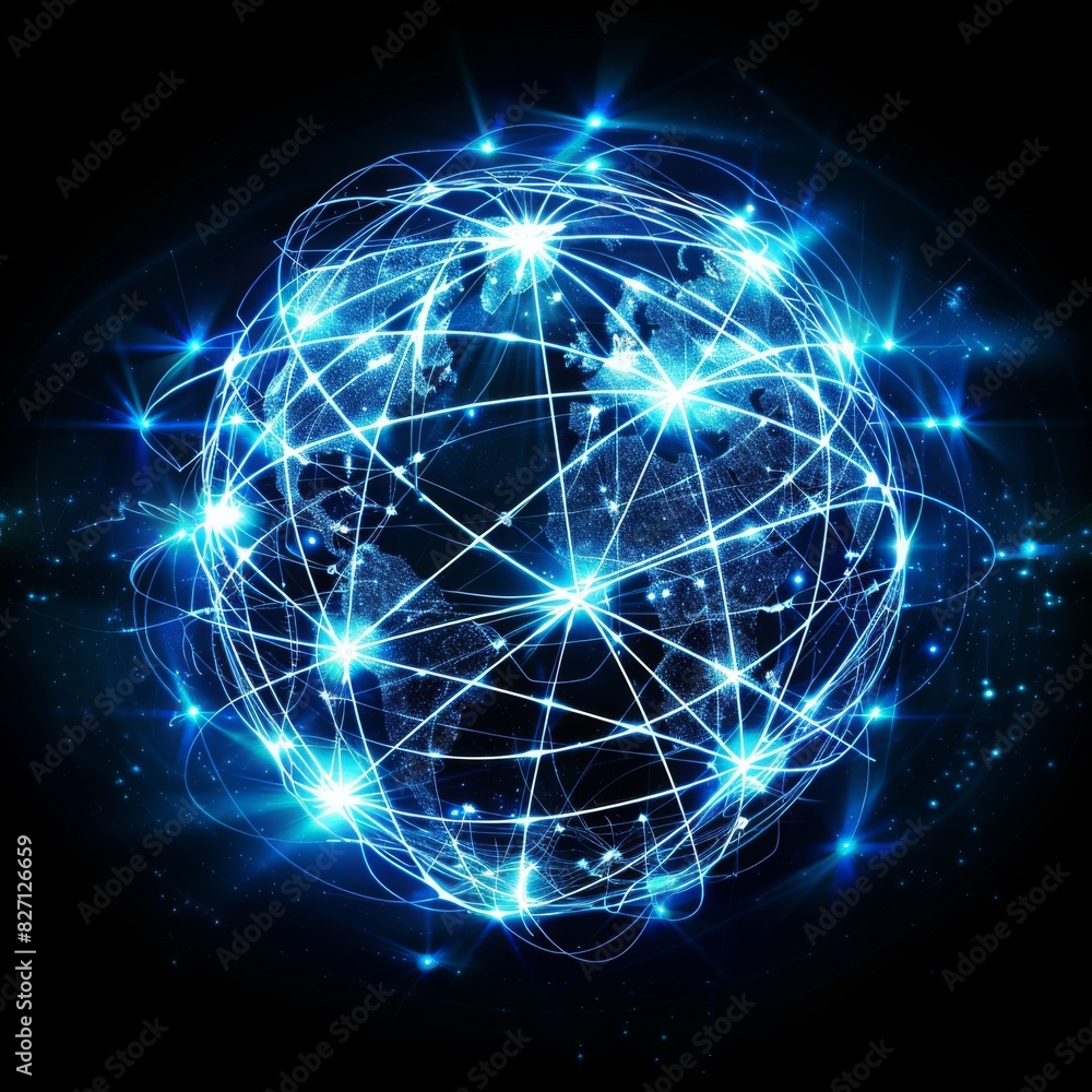 Poster a digital illustration of a global network with interconnected nodes, symbolizing the power of inter
