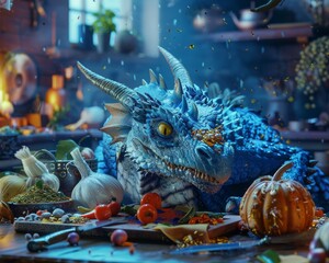 A dragon chef baking in a magical kitchen