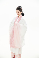 A woman wearing ancient Chinese clothing against a white background.