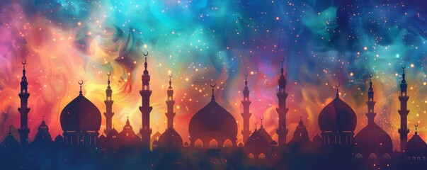 mosque silhouettes and gradient galaxy background for ramadan