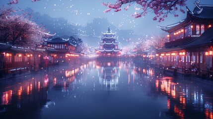 A Fantasy Night View of an Ancient Chinese City