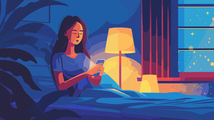 Teenage Girl Suffering from Smartphone Addiction, Using Phone in Bed Late at Night, Sleep Disorder Concept