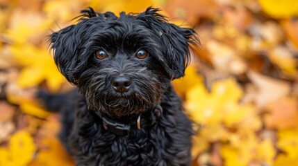  A black dog sits atop a mound of golden leaves, surrounded by piles of orange and yellow ones One eye gazes at the camera, while the other is hidden from view