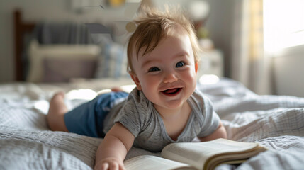 a baby lying on a bed reading a book