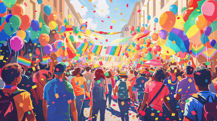 Artistic illustration of a pride parade with LGBTQ+ people and rainbow decorations