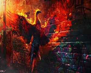 A majestic phoenix perched on a graffiti-covered alleyway wall, blending vibrant flames with urban decay, photorealistic style, high contrast lighting, digital art