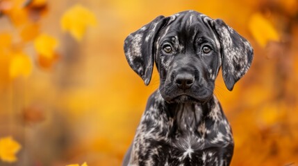  A black-and-white dog sits atop an orange and yellow flower field, contrasted by a blurred backdrop of yellow leafy foliage