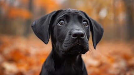  A tight shot of a black dog against a backdrop of an autumnal scene Leaves scatter the ground in the foreground, with the dog positioned amongst them A tree stands behind,