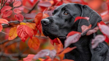  A tight shot of a dog in a tree amidst red and yellow foliage Red and green leaves comprise the background tree