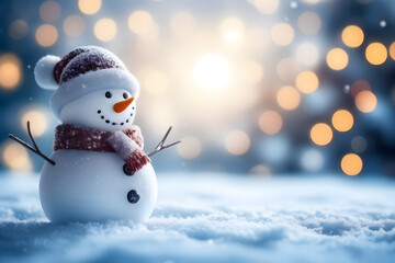 Cheerful snowman brightens winter scenery, spreading holiday joy with ample copy space for Christmas or seasonal greetings.