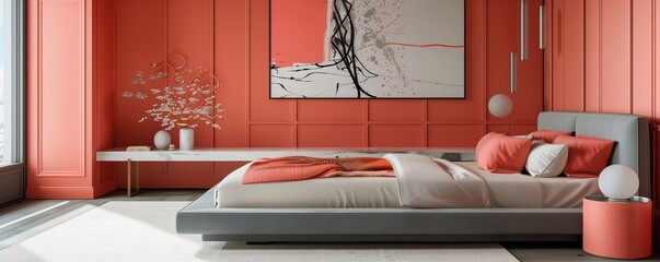 A modern bedroom with walls in a vibrant