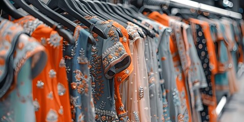 Closeup of Indian womens fashion dresses displayed on hangers in retail store. Concept Fashion Clothing Display, Indian Womenswear, Retail Store, Closeup Shots, Hangers Display