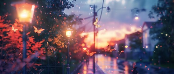 A serene suburban street at twilight, with whimsical, glowing fairies flitting around the lampposts, watercolor technique, soft and dreamlike colors, enchanting yet familiar scene